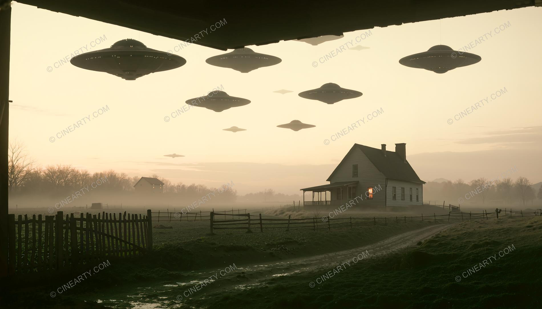 Flying Saucer over a Farmhouse in Mist 54510