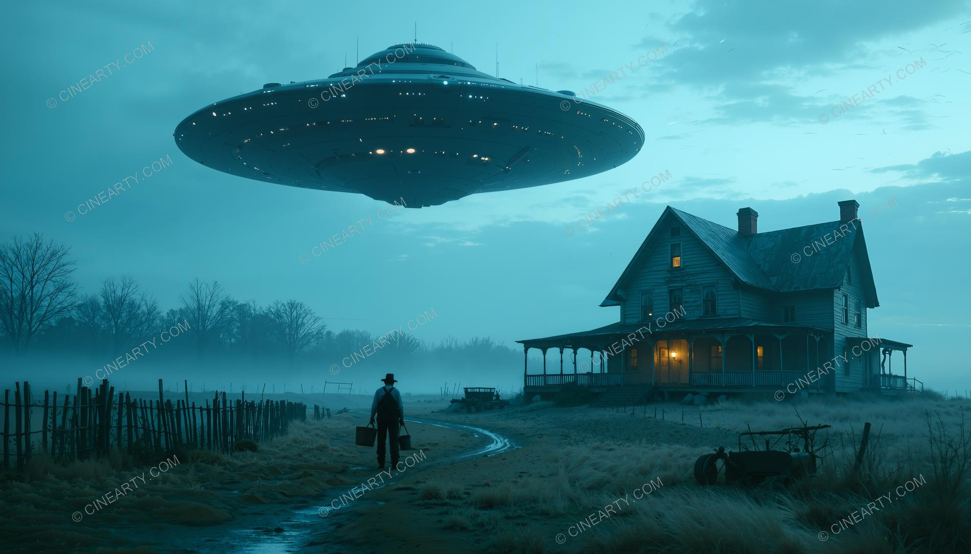 Flying Saucer over a Farmhouse in Mist 92083