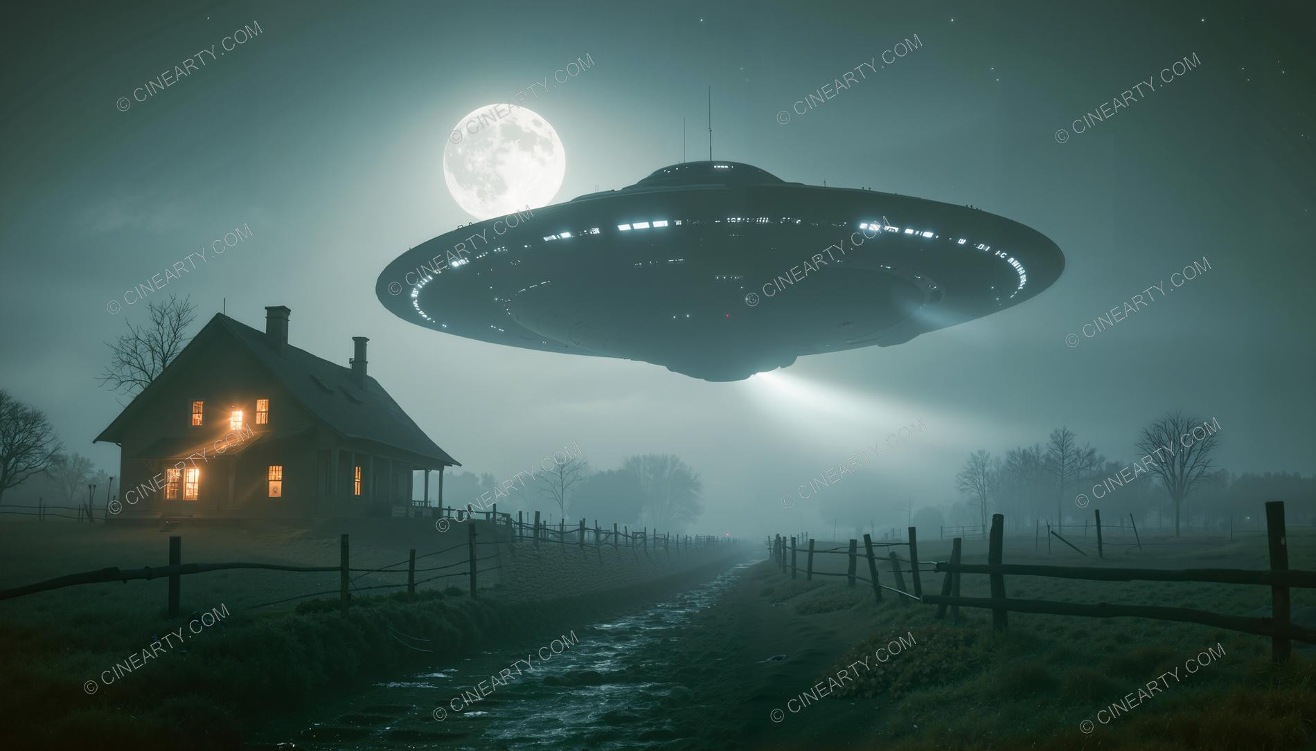 Flying Saucer over a Farmhouse in Mist 67403