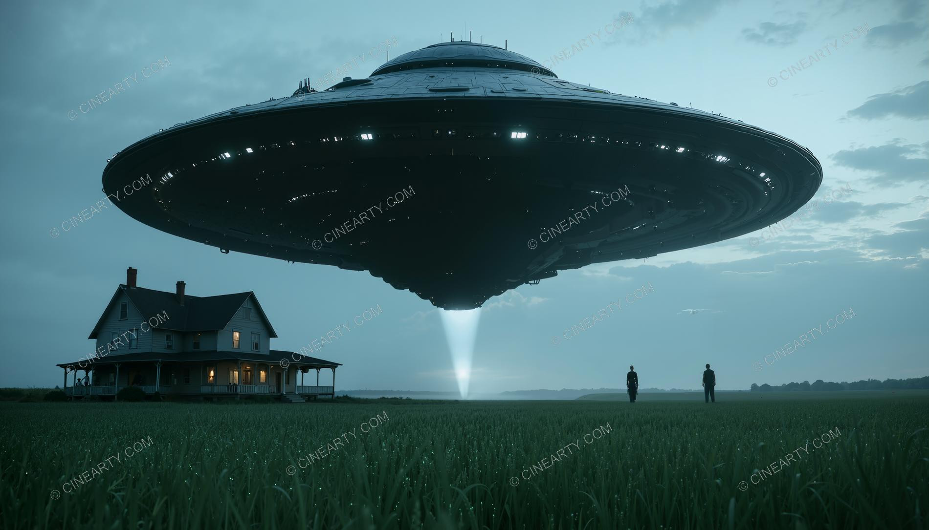 Flying Saucer over a Farmhouse in Mist 42457