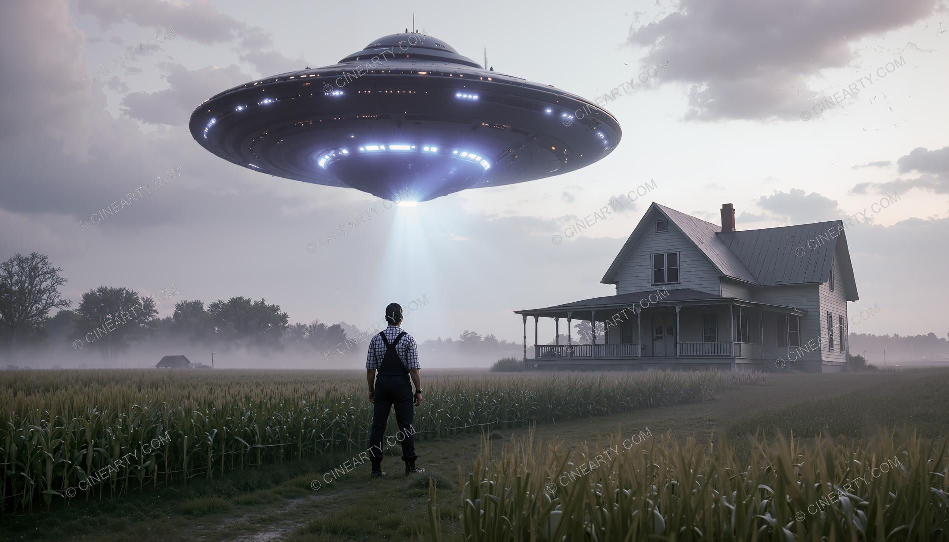 Flying Saucer over a Farmhouse in Mist 83837