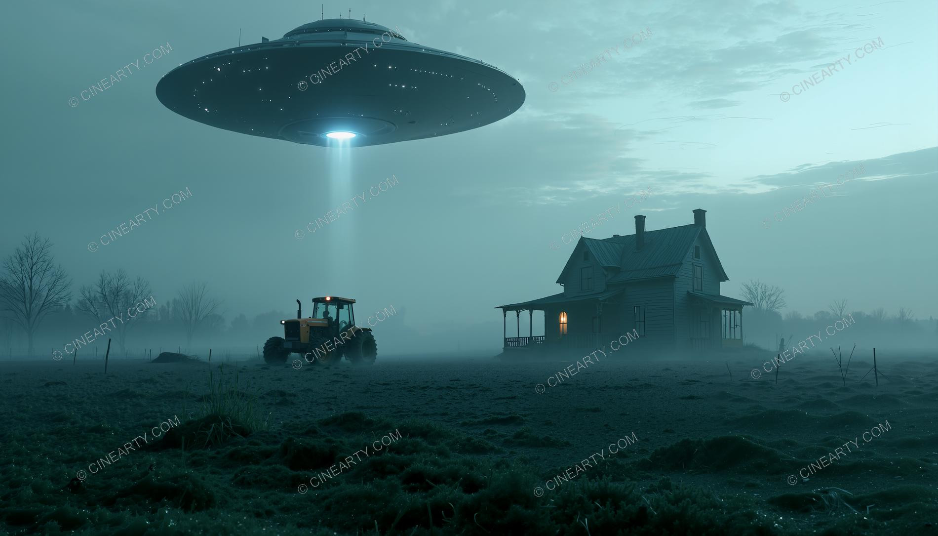 Flying Saucer over a Farmhouse in Mist 12103
