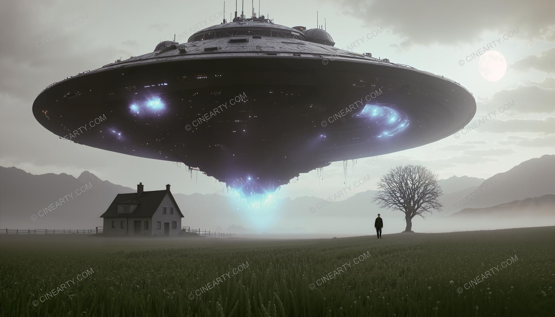 Flying Saucer over a Farmhouse in Mist 59899