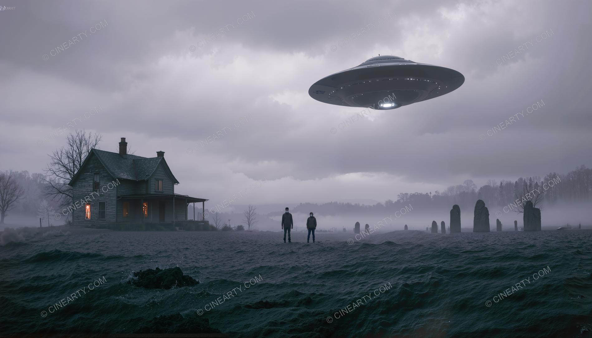 Flying Saucer over a Farmhouse in Mist 90022