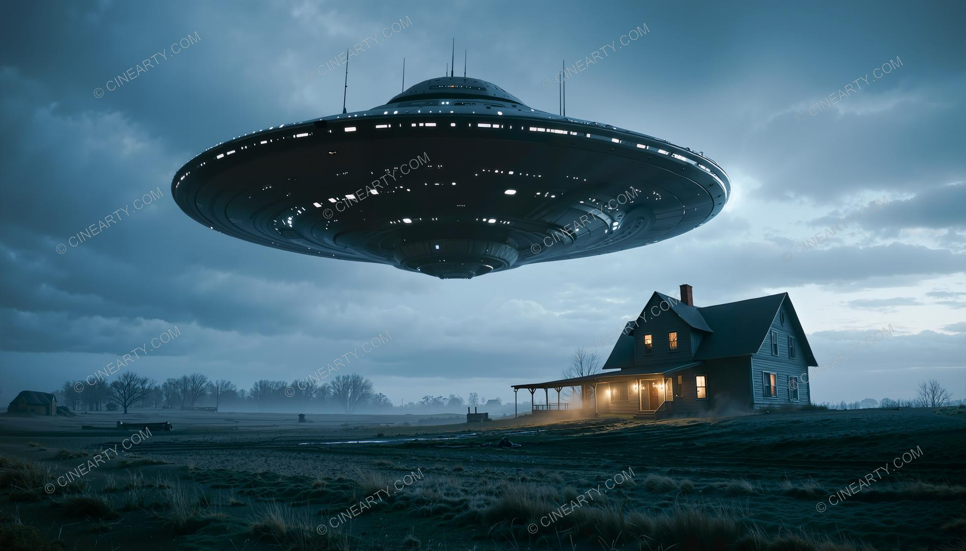 Flying Saucer over a Farmhouse in Mist 67999