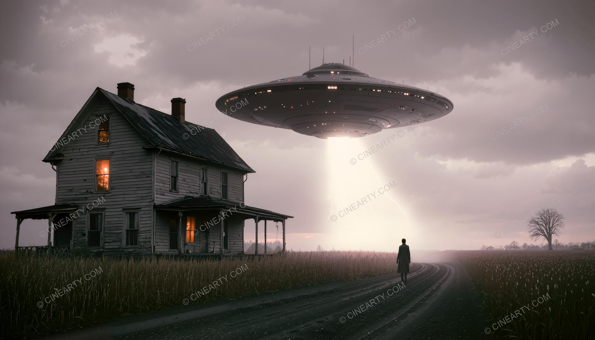 Flying Saucer over a Farmhouse in Mist 06777