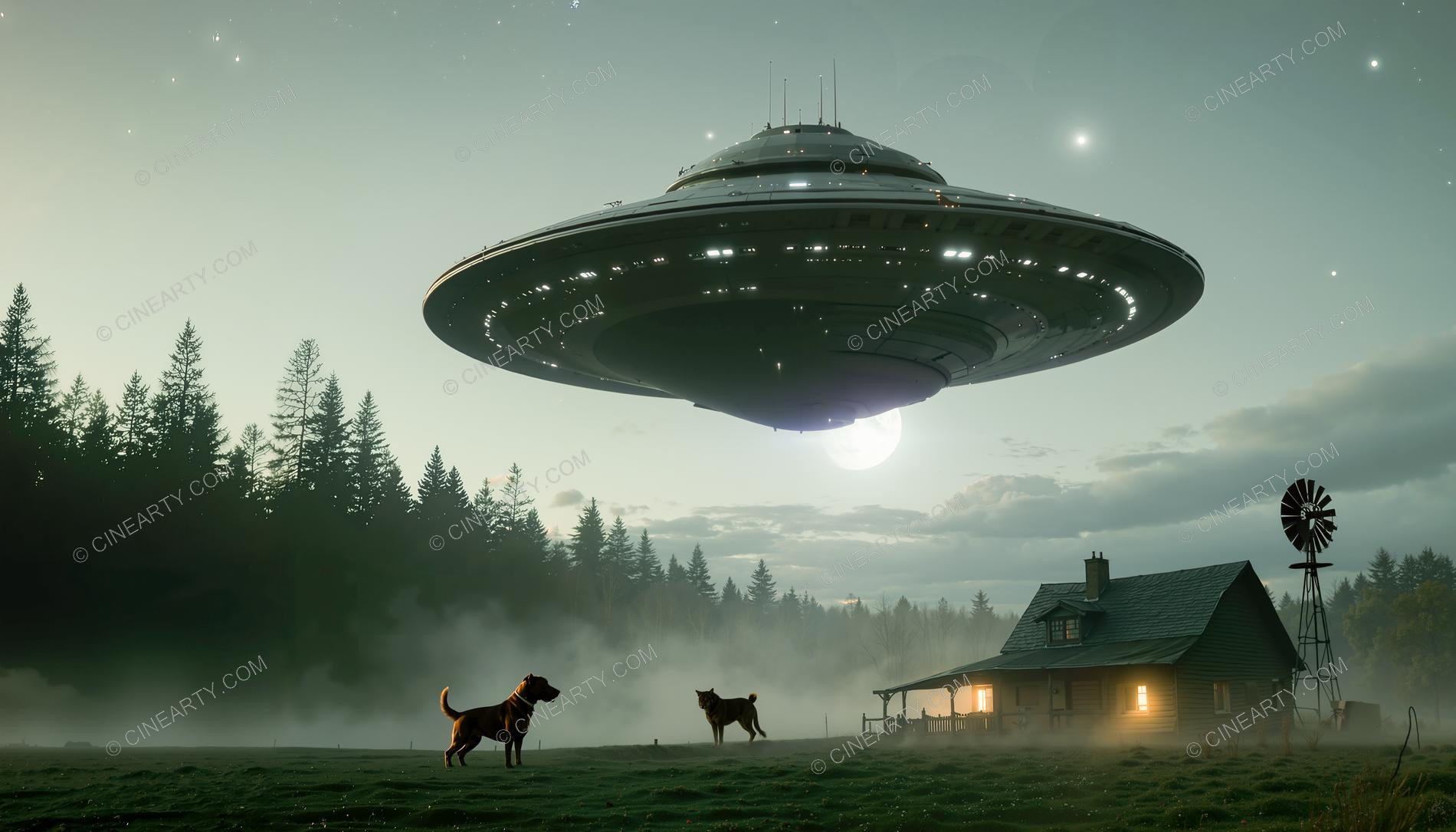 Flying Saucer over a Lonely House in a Forest 61370