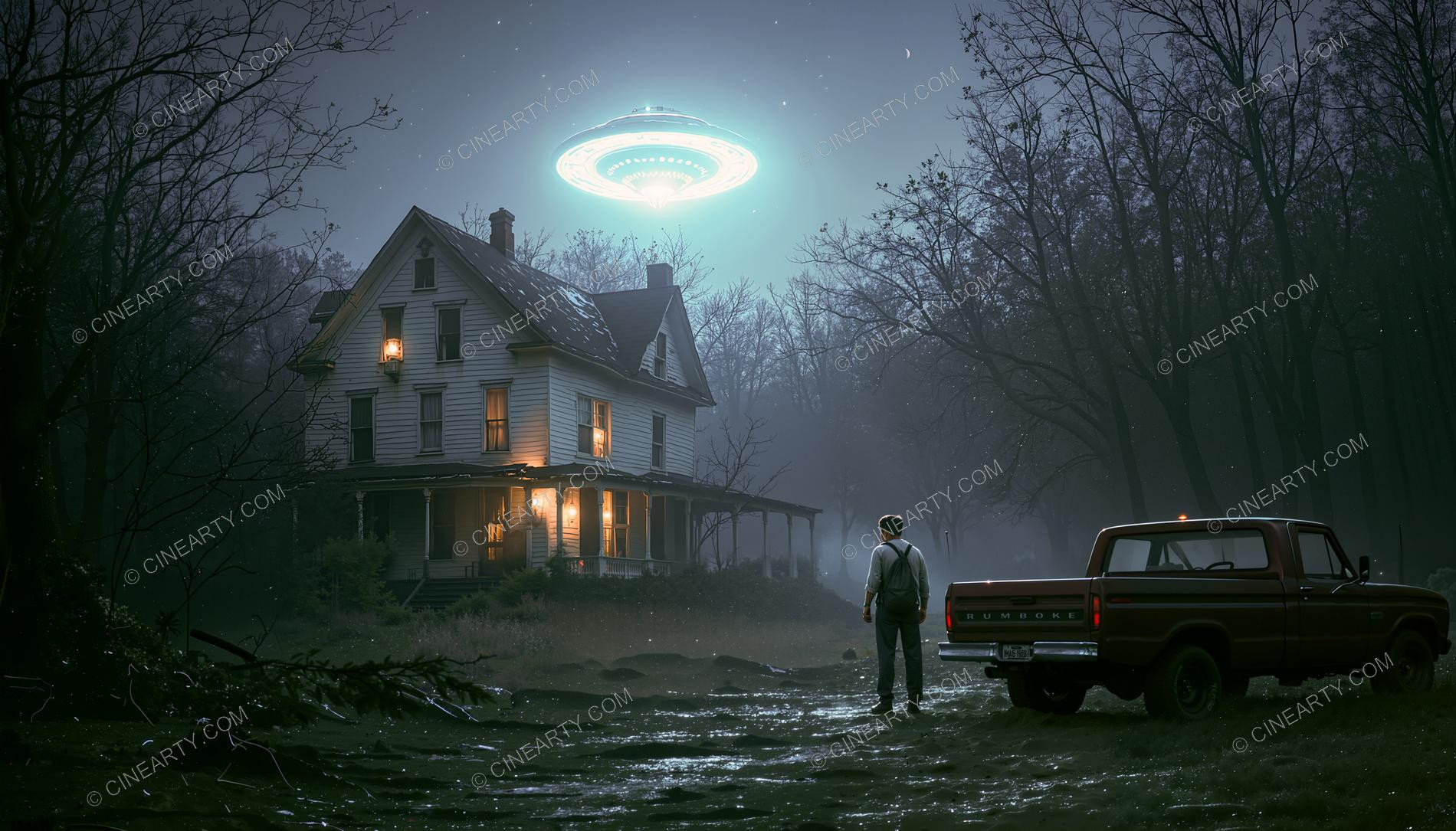 Flying Saucer over a Lonely House in a Forest 03385
