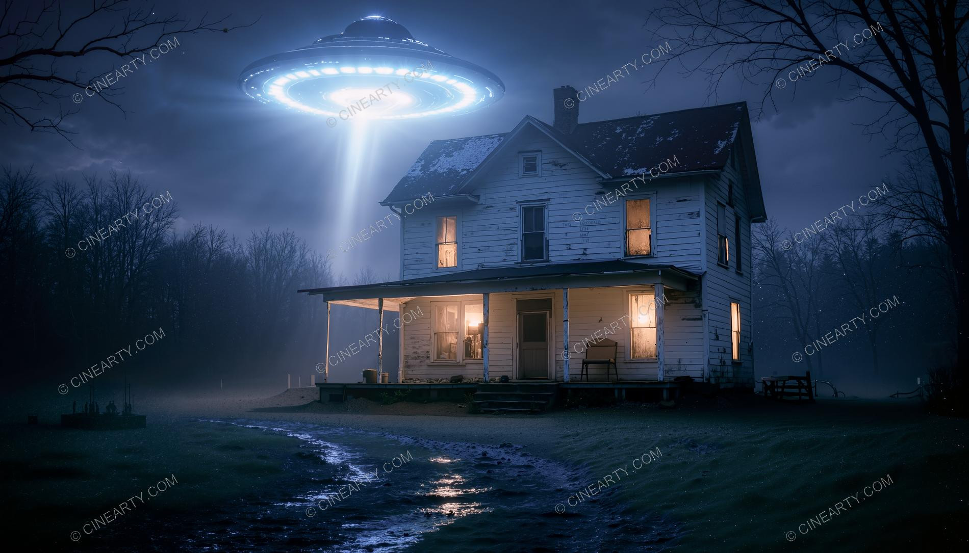 Flying Saucer over a Lonely House in a Forest 27584