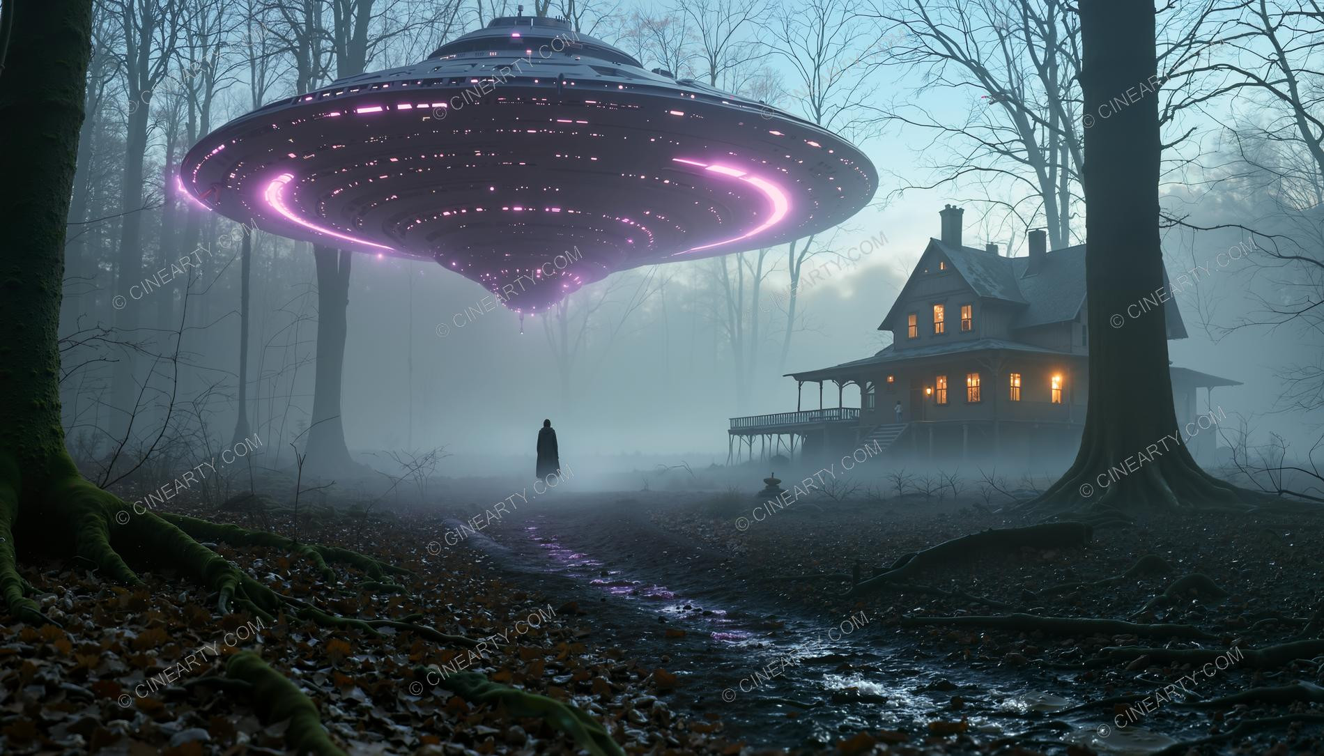 Flying Saucer over a Lonely House in a Forest 03586