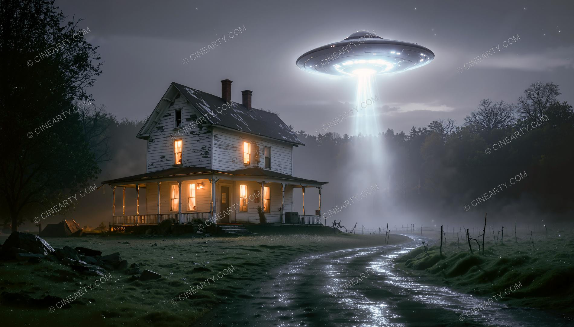 Flying Saucer over a Lonely House in a Forest 52628