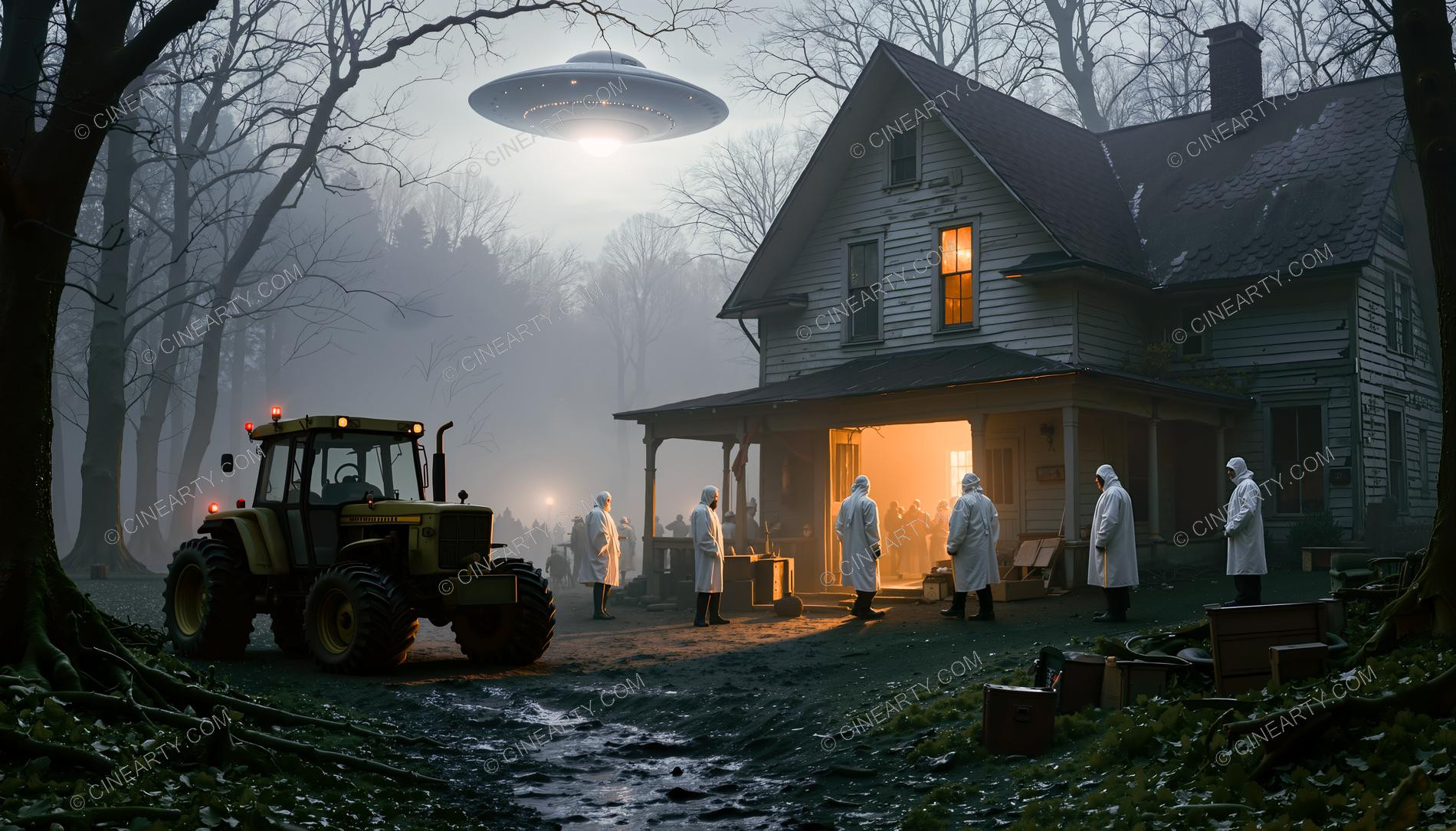 Flying Saucer over a Lonely House in a Forest 91116