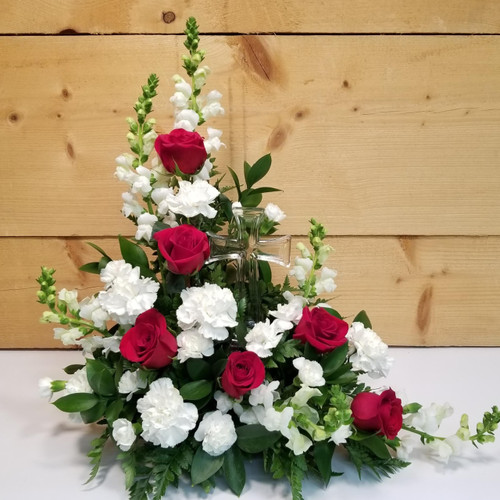 The Divine Cross Bouquet (SCF18D27) by Savilles Country Florist.  Christmas Flower Arrangements, Centerpieces and Plant delivery to Orchard Park, NY and the surrounding area including same day delivery to Hamburg, West Seneca, East Aurora, Blasdell and Buffalo NY   
