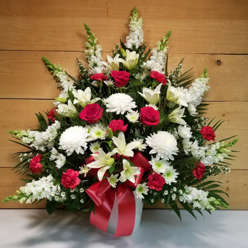 Heartfelt Sympathies Red & White Arrangement by Savilles Country Florist. Flower delivery to Orchard Park, Hamburg, West Seneca, East Aurora, Buffalo, NY and surrounding suburbs.