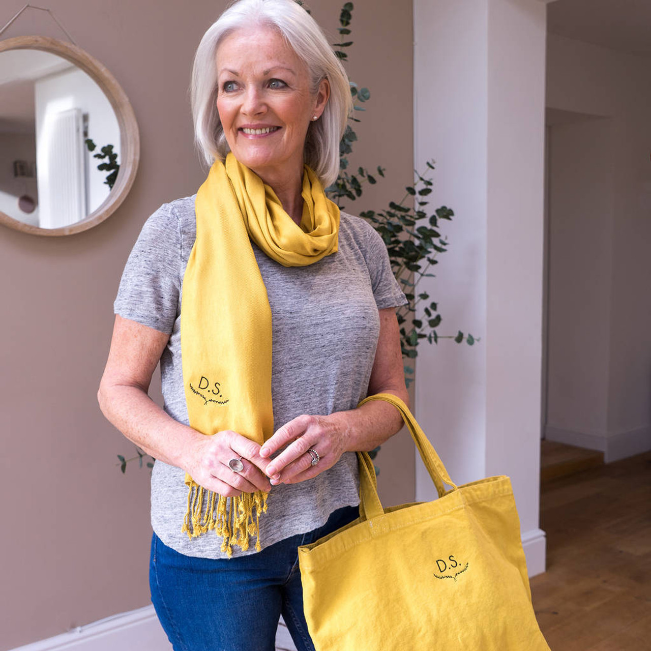 Botanical Monogram Embroidered Tote Bag & Scarf Set