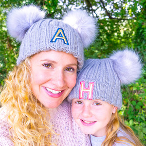 Initial Pom Pom Matching Hat Set Initial Pom Pom Matching Hat Set