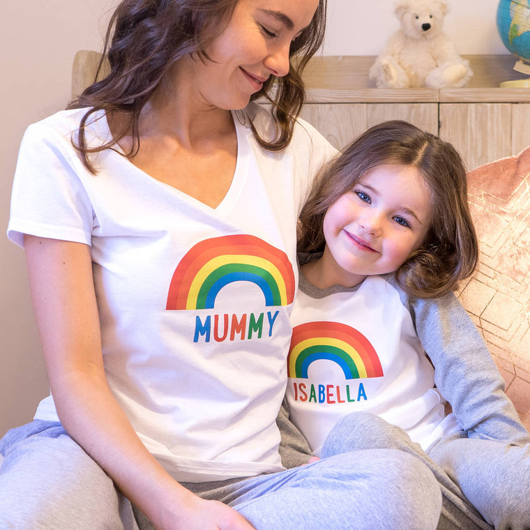 colourful matching pyjamas for mum and child with personalised names