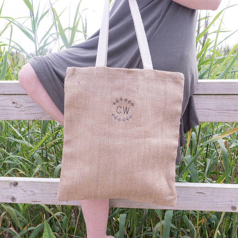 Jute Embroidered Monogram Tote Bag