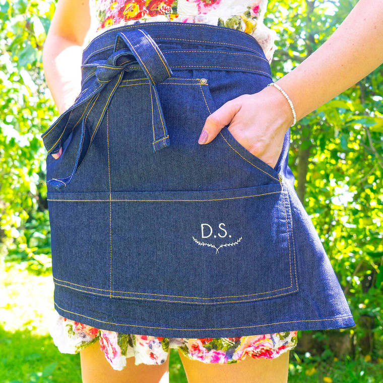 Embroidered Botanical Monogram Denim Apron