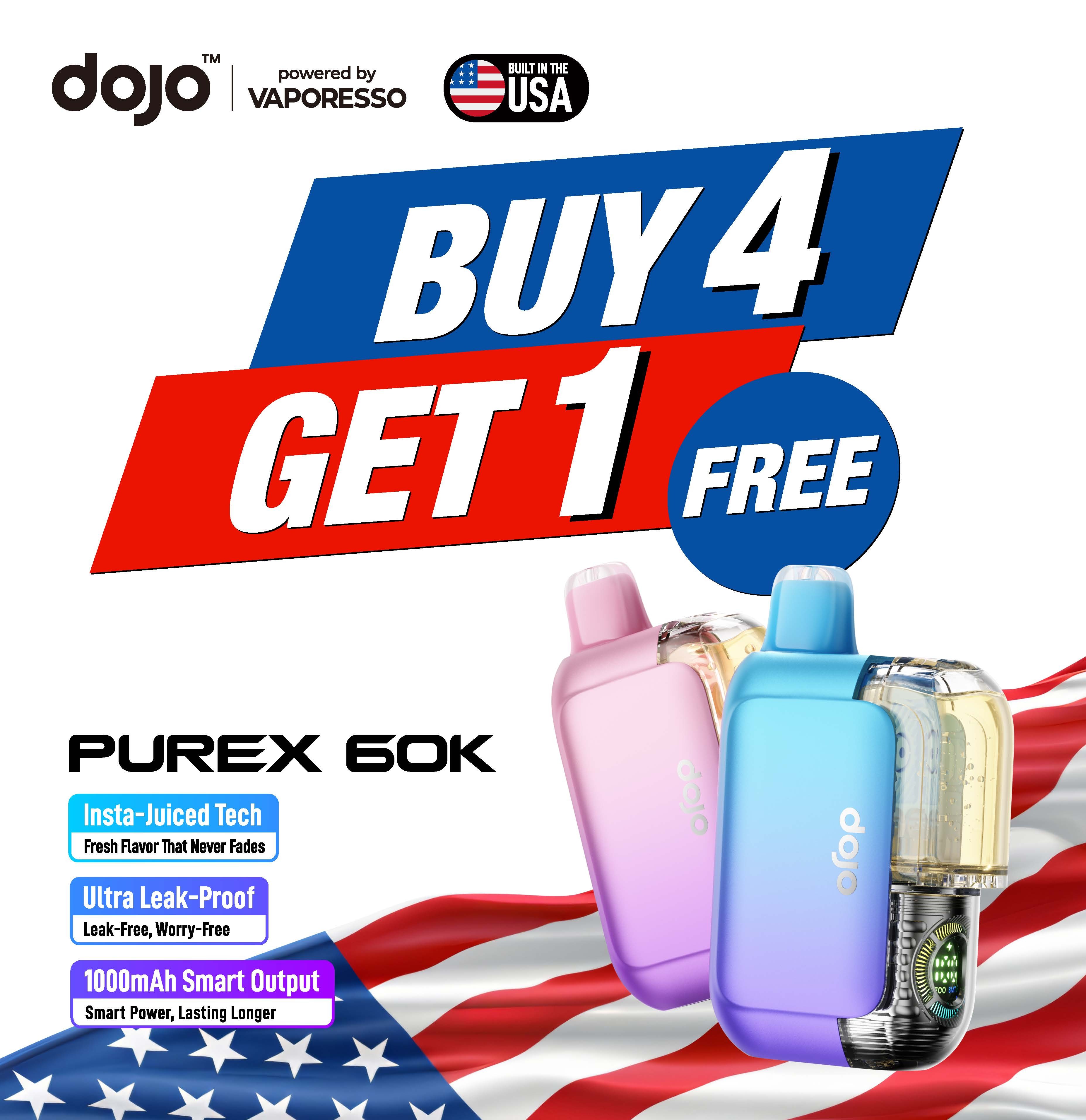 Buy 4 Get 1 Free - Vaporesso DOJO PUREX 60K Puff Disposable - Add 5 at your cart and 1 will be free at checkout