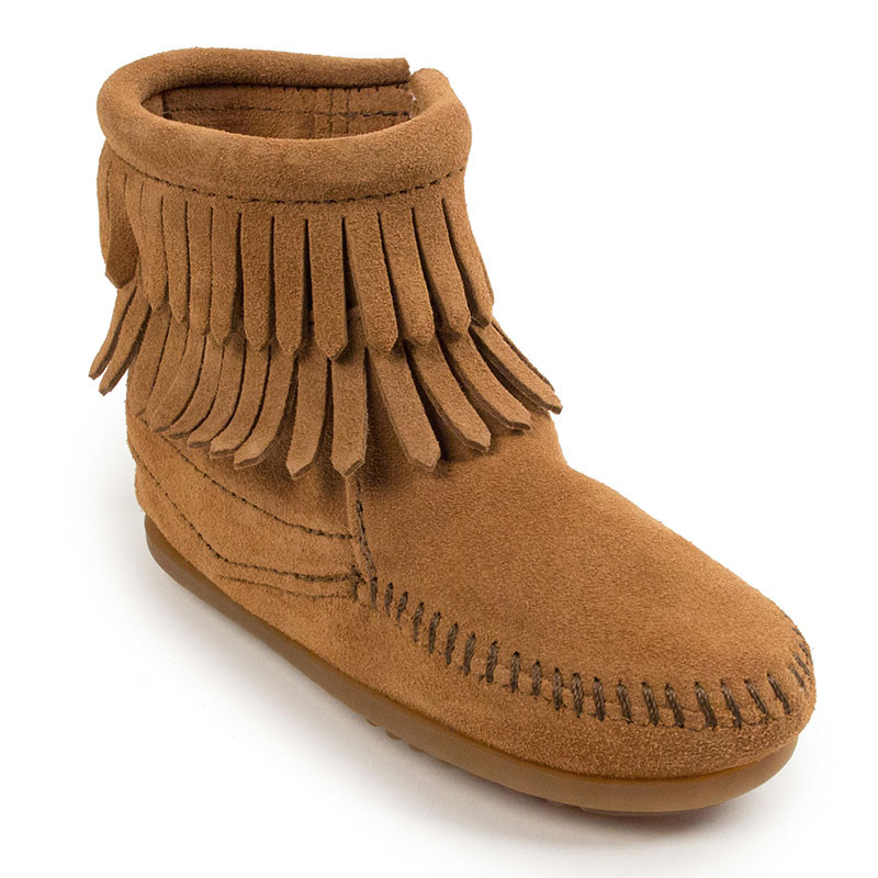 Minnetonka 2297T Kids' Double Fringe Side Zip Boot Taupe - Family