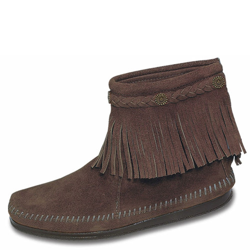 Minnetonka 297T HIGH TOP BACK-ZIP Taupe Fringe Moccasin Boots