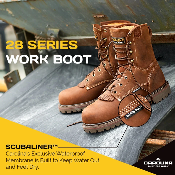 Carolina 28 Series work boots with a close-up of the Scubaliner waterproof membrane tag
