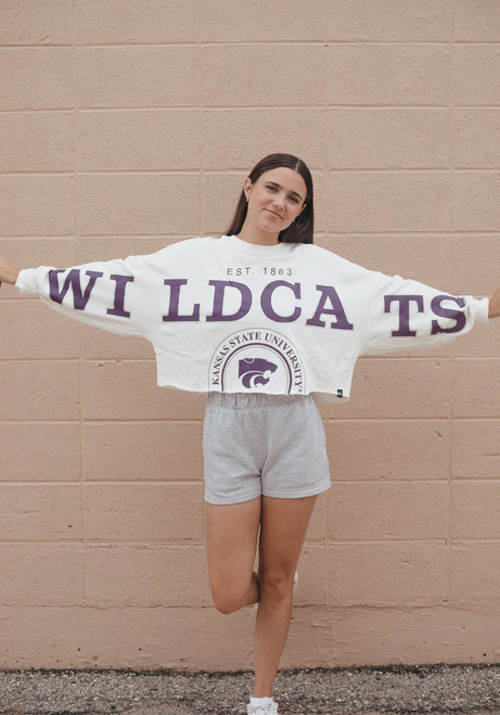 Womens K-State Wildcats White Gameday Social Phipps Split Sleeve Crop Crew Sweatshirt