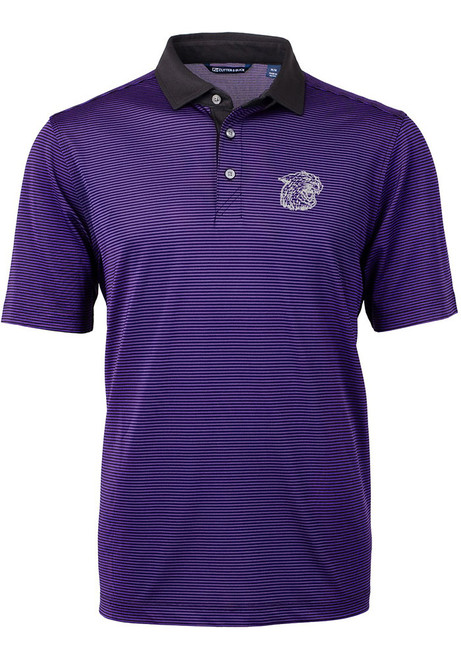 Mens K-State Wildcats Purple Cutter and Buck Virtue Micro Stripe Short Sleeve Polo Shirt