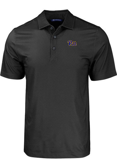 Mens Pitt Panthers Black Cutter and Buck Pike Eco Geo Print Short Sleeve Polo Shirt