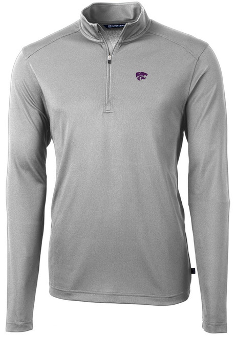 Mens K-State Wildcats Grey Cutter and Buck Power Cat Virtue Eco Pique Qtr Zip Pullover