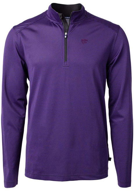 Mens K-State Wildcats Purple Cutter and Buck Virtue Eco Pique Micro Stripe 1/4 Zip Pullover