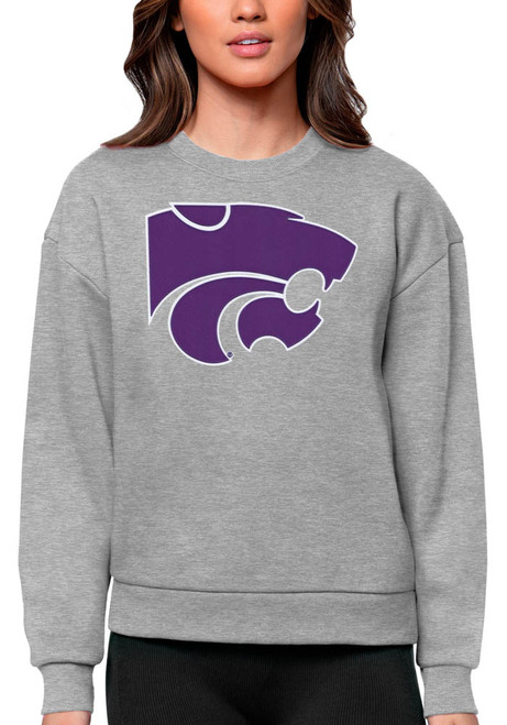 Womens K-State Wildcats Grey Antigua Full Front Victory Crew Sweatshirt