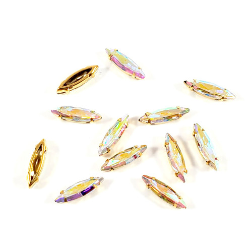 Slim Navette Stone 4x15mm Crystal AB w/Gold claw setting