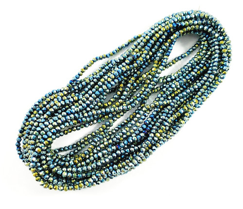 Chinese crystal glass beads 3mm faceted round. Met Blue/Green/Gold.