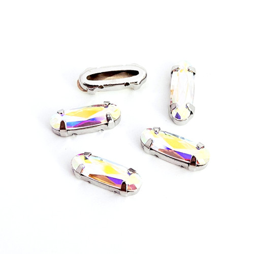 Crystal long oval 5x15mm Crystal AB in silver claw setting