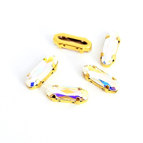 Crystal long oval 5x15mm Crystal AB in gold claw setting