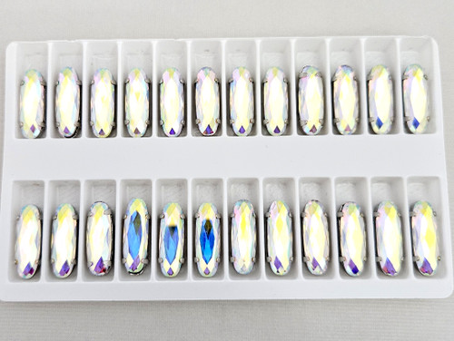 Crystal long oval 21x7mm Crystal AB in SILVER claw setting
