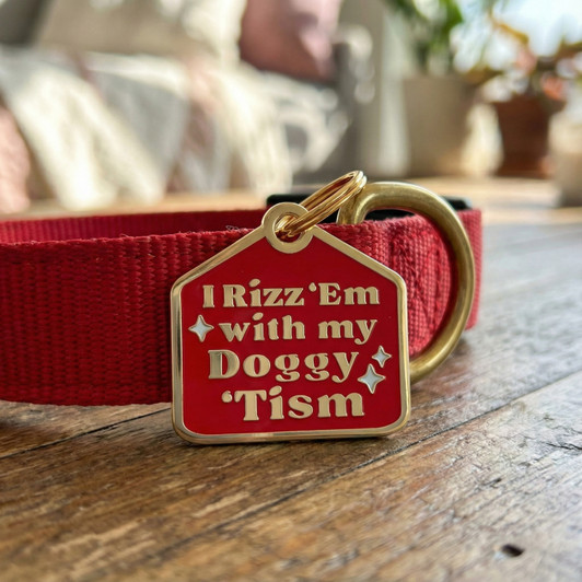 Rizz 'Em w/my Doggy 'Tism - Gold Enamel Dog Tag
