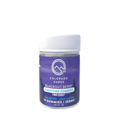 Colorado Cures CBN Nighttime Gummies for sleep. Flavor Black Out Berry. 250mg per bottle, 25mg per gummy CBN sleep gummies