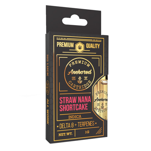 Anchored Cannabis Co. 1 gram Delta 8 vape cartridge in flavor Strawnana Shortcake is made in the USA with premium hemp-derived distillate and terpenes.