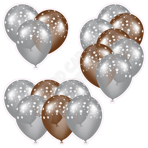 Balloon Cluster - Silver & Brown with Stars - Yard Card