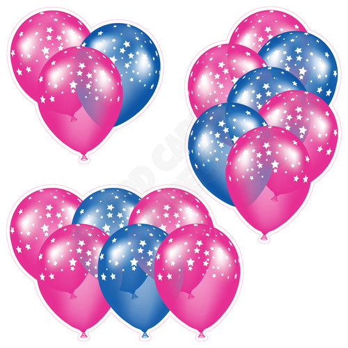 Balloon Cluster - Hot Pink & Medium Blue with Stars - Yard Card