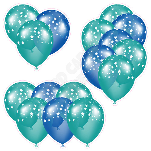 Balloon Cluster - Teal & Medium Blue with Stars - Yard Card