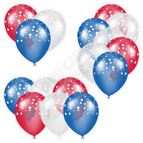 Balloon Cluster - Red, White & Medium Blue with Stars - Yard Card