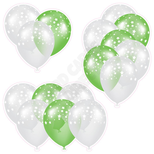 Balloon Cluster - White & Light Green with Stars - Yard Card