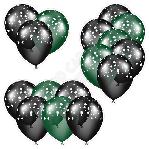 Balloon Cluster - Black & Dark Green with Stars - Yard Card