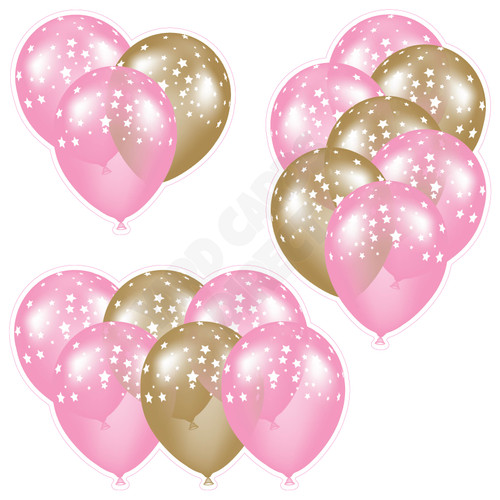 Balloon Cluster - Light Pink & Old Gold with Stars - Yard Card