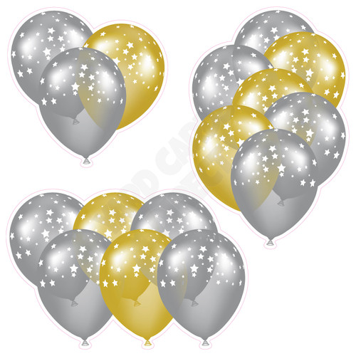 Balloon Cluster - Silver & Yellow Gold with Stars - Yard Card