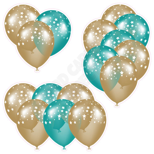 Balloon Cluster - Old Gold & Teal with Stars - Yard Card